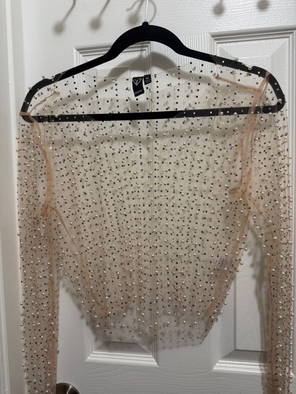 Windsor Pearl-Embellished Sheer Top in Nude - Picture 6 of 6